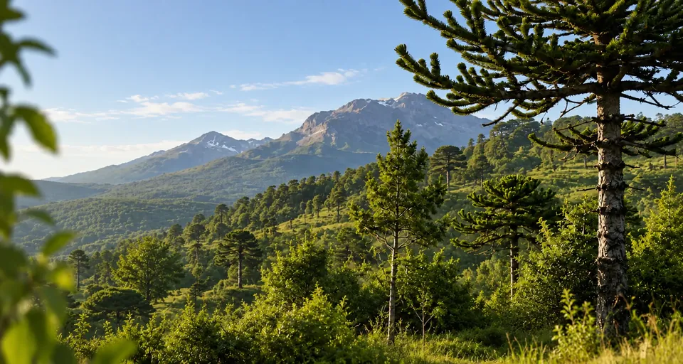 Bosque de araucarias en un paisaje montañoso del sur