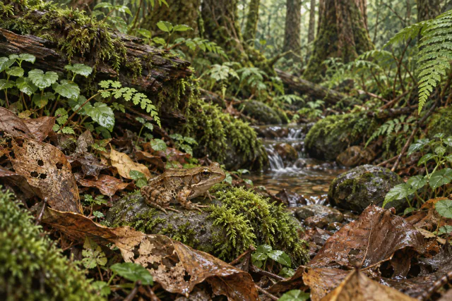 Una rana pequeña entre musgo, hojas húmedas y madera caída, junto a un hilo de agua bajo el bosque.