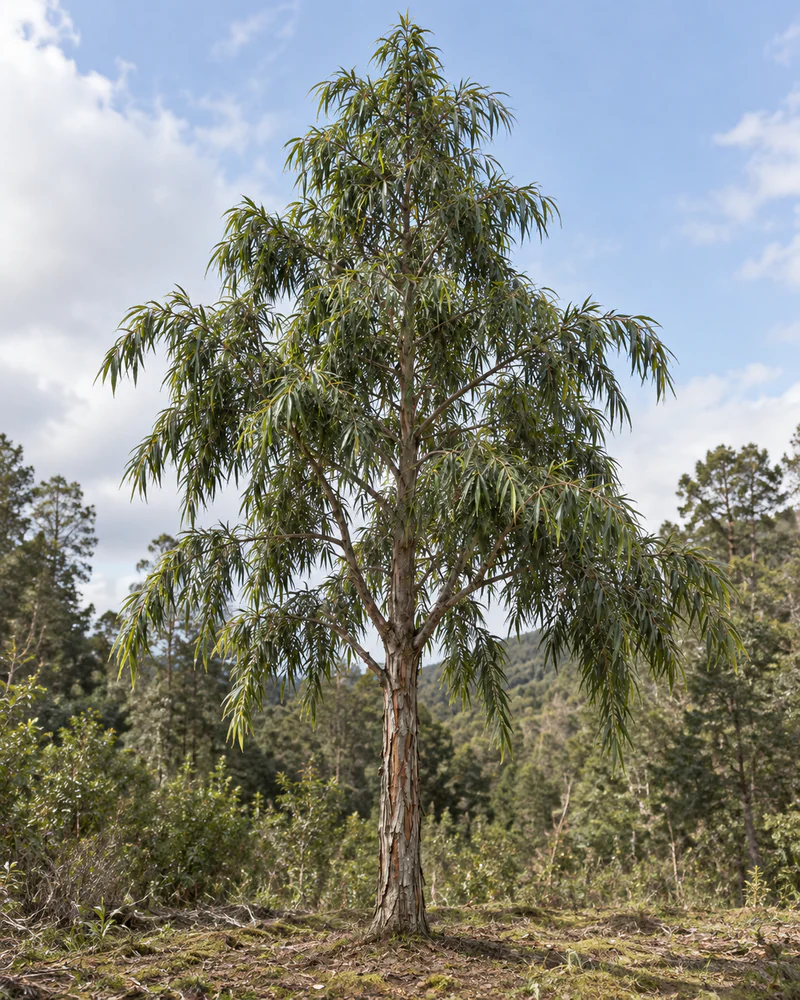 Representación fotorealista referencial de Mañío hoja larga (Podocarpus salignus)