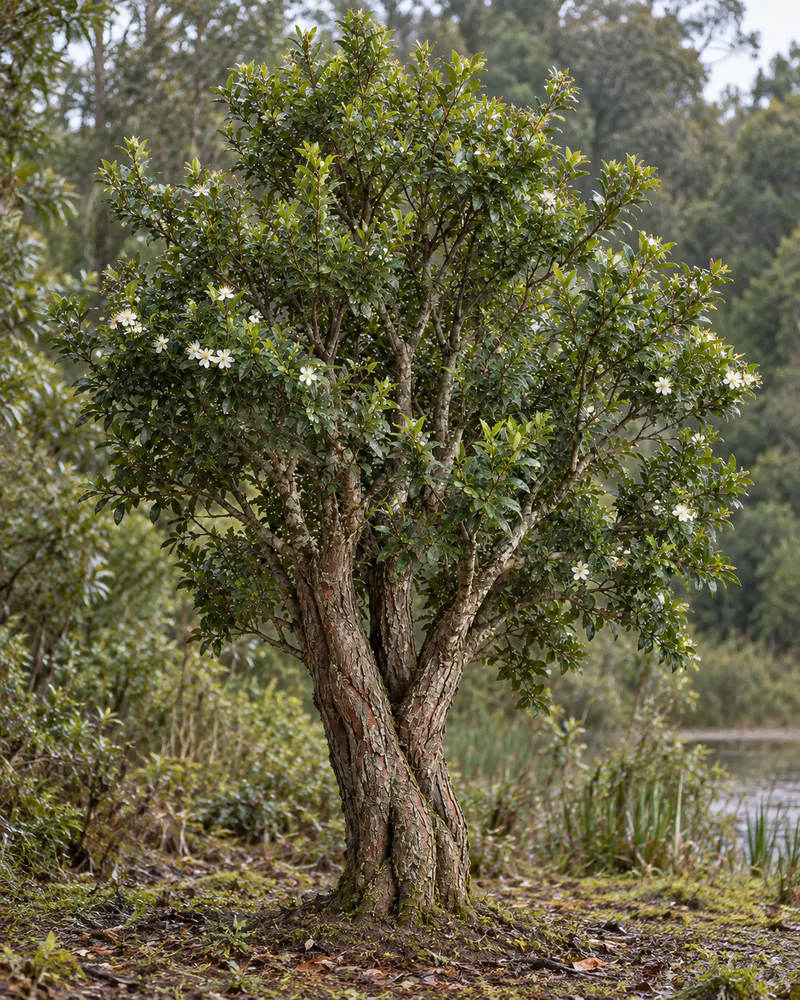 Representación fotorealista referencial de Pitra (Myrceugenia exsucca)